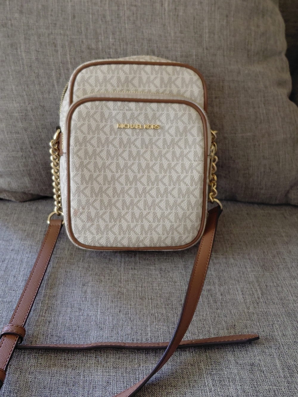 Michael Kors Beige Logo Crossbody with Brown Trim and Gold Hardware